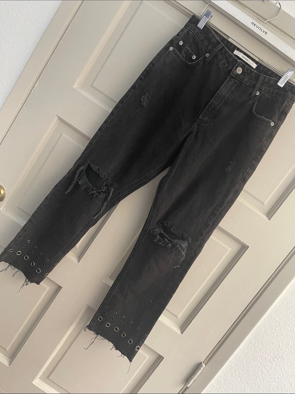 Tularosa Black Distressed Boyfriend Jeans with Eyelet Hem